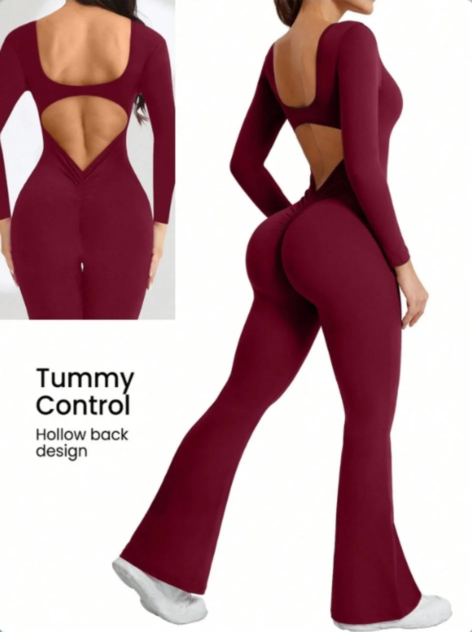 High quality solid color long sleeved compression exercise jumpsuit women's sportswear bell bottom pants sexy push up yoga set