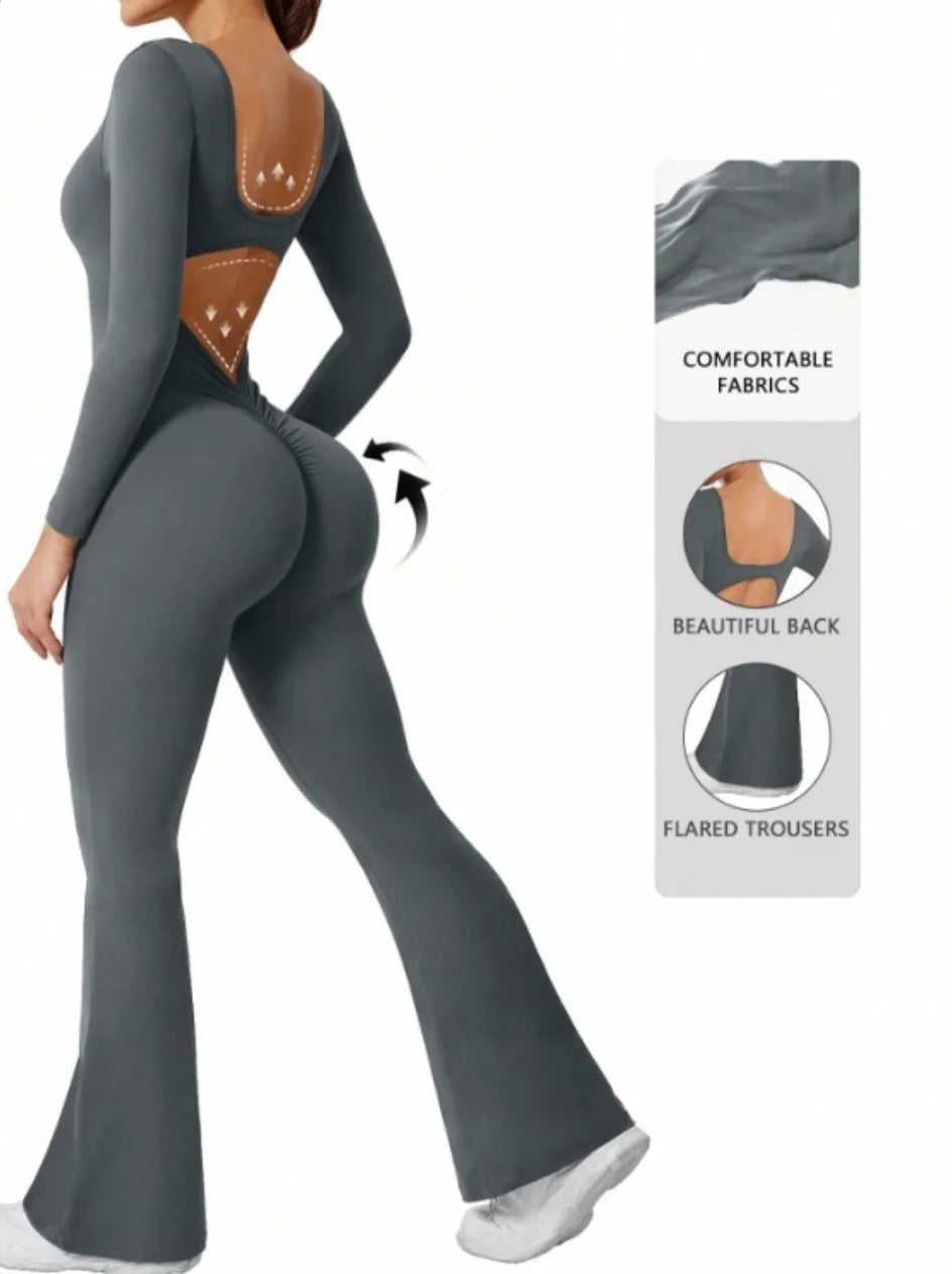 High quality solid color long sleeved compression exercise jumpsuit women's sportswear bell bottom pants sexy push up yoga set