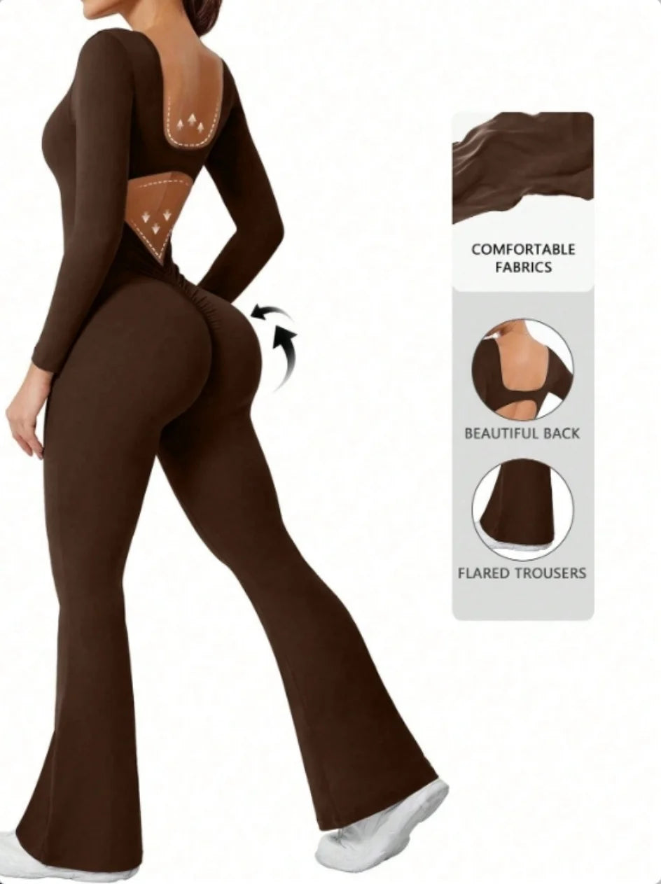 High quality solid color long sleeved compression exercise jumpsuit women's sportswear bell bottom pants sexy push up yoga set