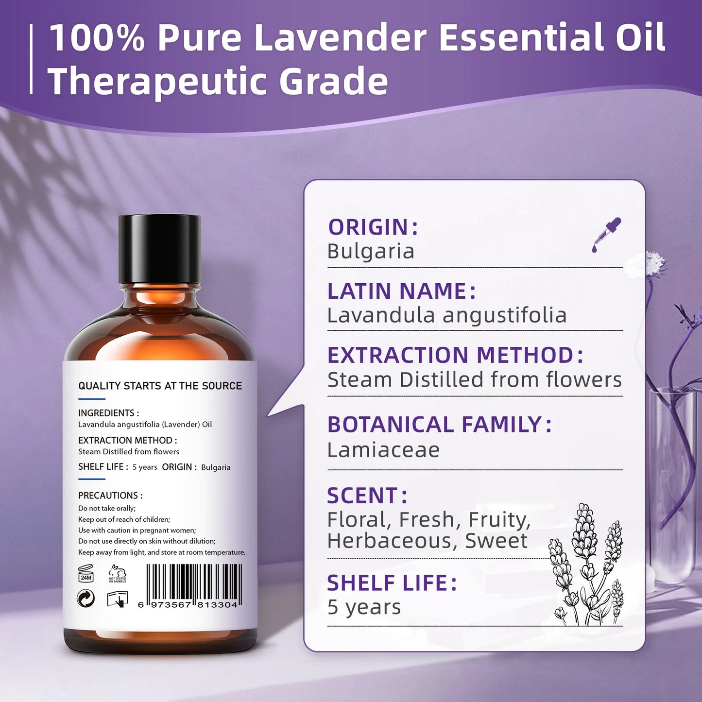 HIQILI 100ML True Lavender Essential Oils for Diffuser Humidifier Massage Aromatherapy Pure Natural Aroma Oil for Candle Making