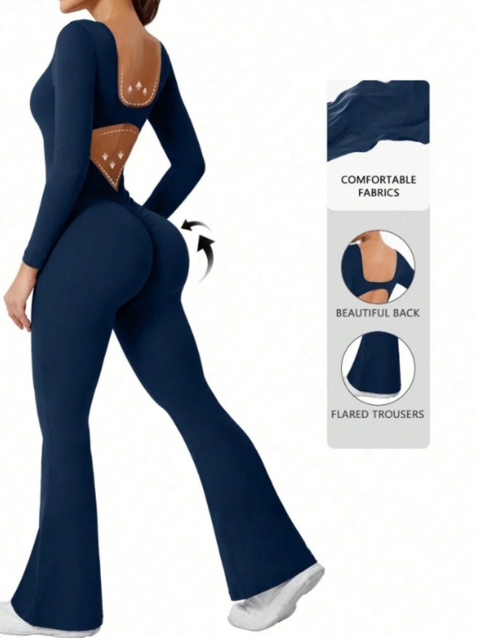High quality solid color long sleeved compression exercise jumpsuit women's sportswear bell bottom pants sexy push up yoga set