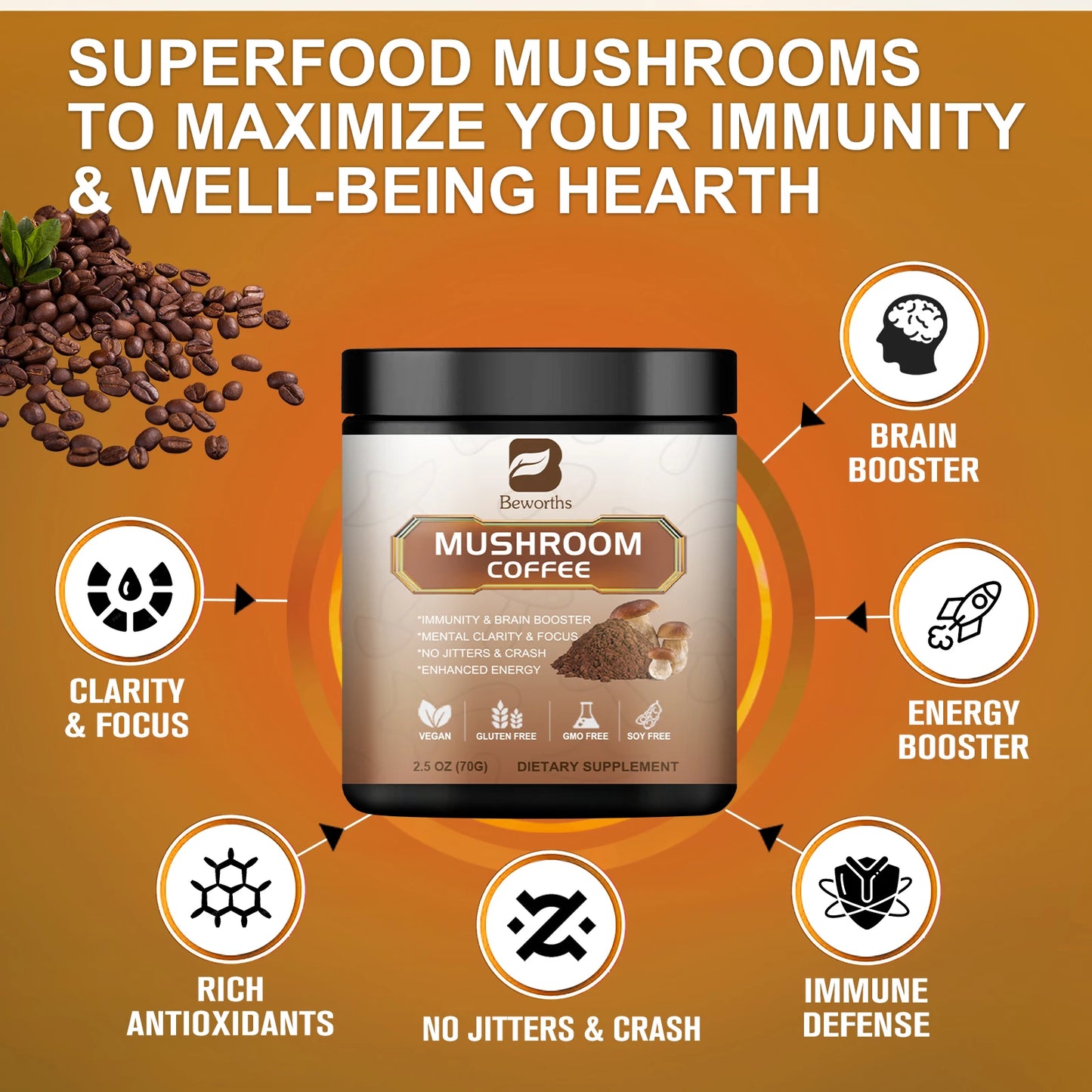 Organic Lion Mane Mushroom Coffee with Reishi, Cordyceps- Support Energy, Mental Clarity & Focus, Brain Booster