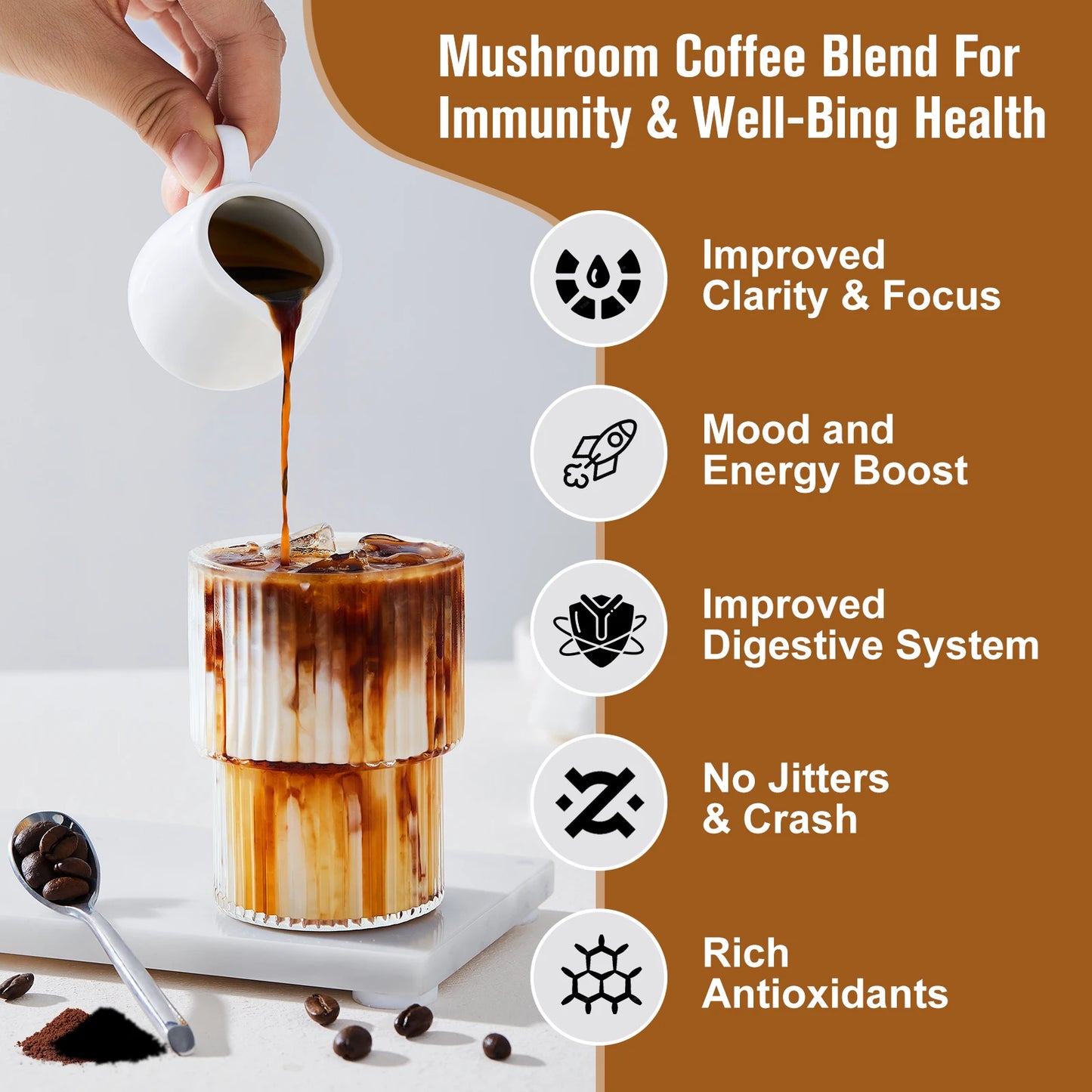 Organic Lion Mane Mushroom Coffee with Reishi, Cordyceps- Support Energy, Mental Clarity & Focus, Brain Booster