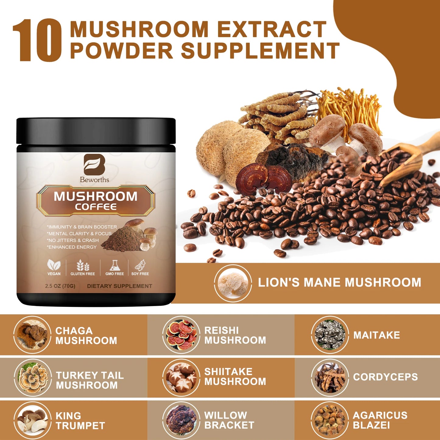 Organic Lion Mane Mushroom Coffee with Reishi, Cordyceps- Support Energy, Mental Clarity & Focus, Brain Booster