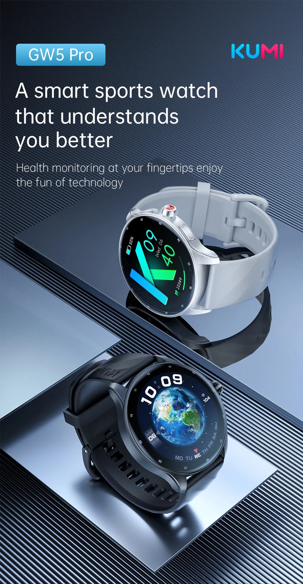 KUMI GW3 Pro Smartwatch 1.43" AMOLED IP68 Waterproof Bluetooth 5.2 Fitness Tracker Heart Rate Blood Oxygen Monitor