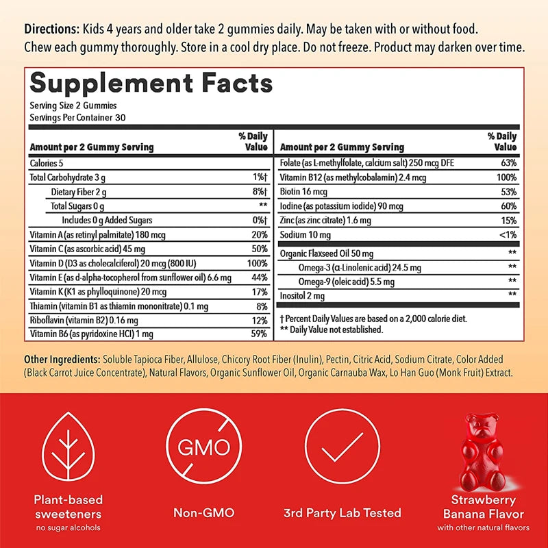 Children's Gummy Vitamins - with Vitamins C, D, B6 and Zinc, Flaxseed Oil Omega 3 To Support Children's Development
