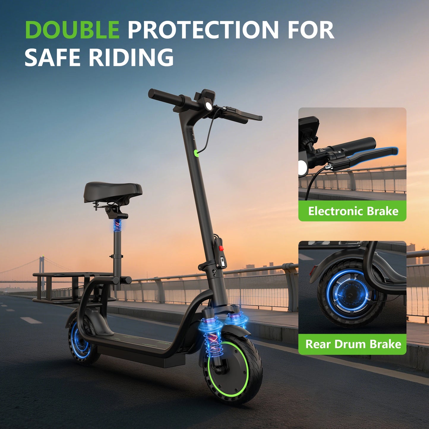MAXSHOT 8.5'' Electric Scooter with Seat & Basket 15miles Max Range 19MPH Max Speed Foldable Adult E-scooter LED Lights 265lbs Max Load