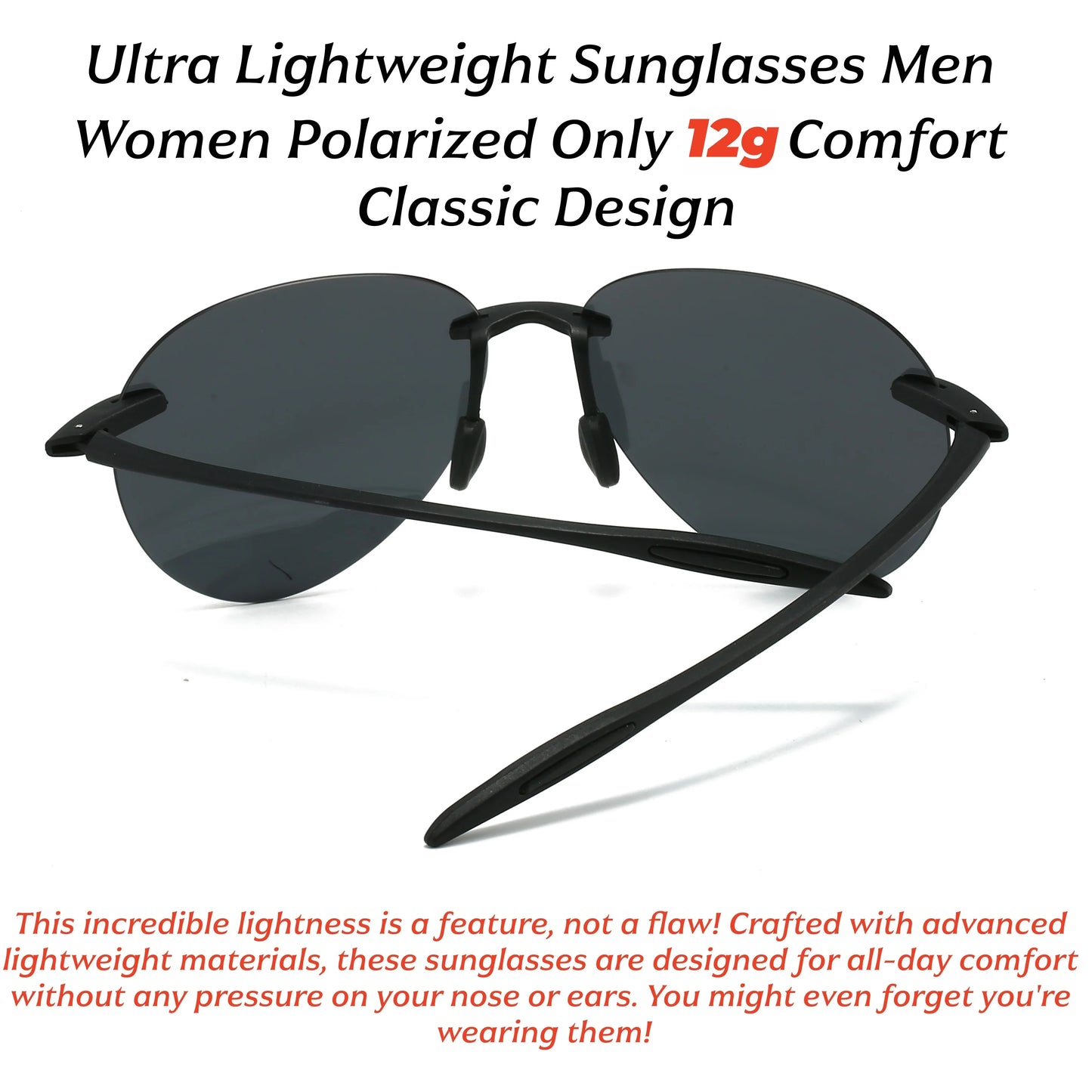 Ultra Light 12g TR90 Frameless Polarized Aviator Sunglasses - Flexible & Comfort Fit Unisex for Driving, Fishing, Outdoor