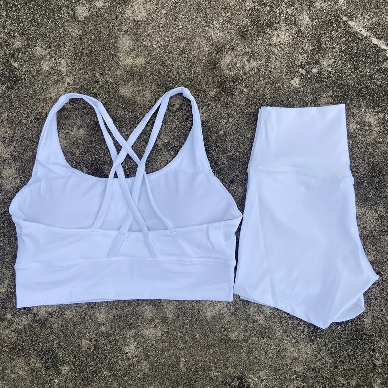 Yoga Shorts Set Gym Sports Set Women Workout Clothes 2 Piece Fitness Suit Cross Straps Bra High Waist Shorts Running Tracksuit