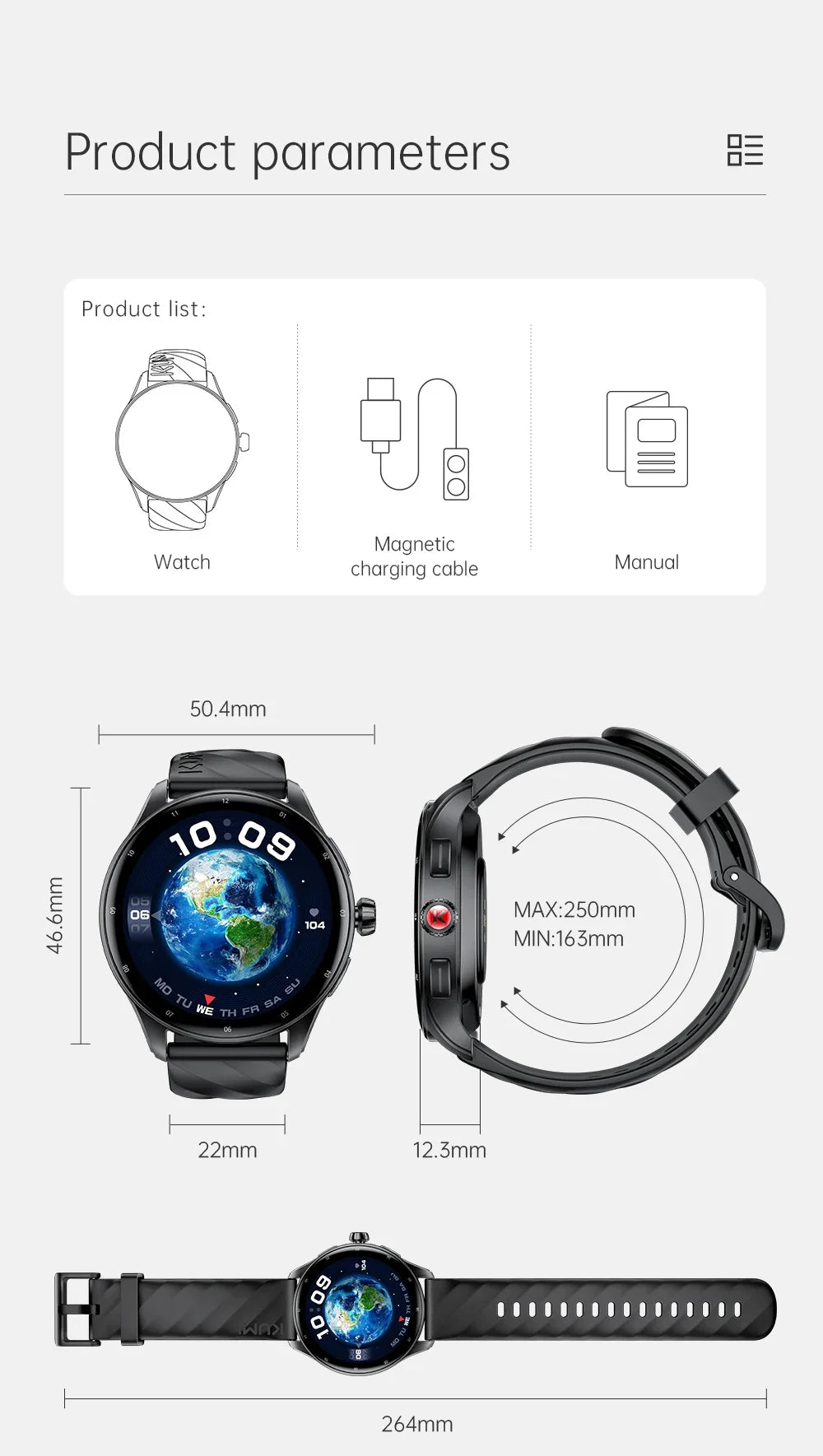KUMI GW3 Pro Smartwatch 1.43" AMOLED IP68 Waterproof Bluetooth 5.2 Fitness Tracker Heart Rate Blood Oxygen Monitor