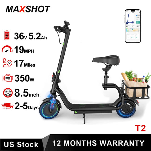 MAXSHOT 8.5'' Electric Scooter with Seat & Basket 15miles Max Range 19MPH Max Speed Foldable Adult E-scooter LED Lights 265lbs Max Load